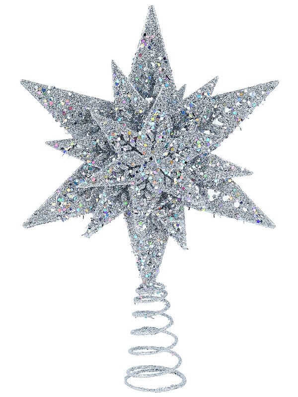 32cm Silver Glitter & Iridescent Sequin Christmas Star Tree Top Decoration