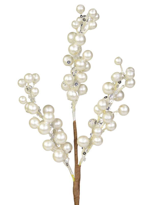 White Pearl Berries Spray With Silver Sequins Christmas Tree Stem Pick | 33cm