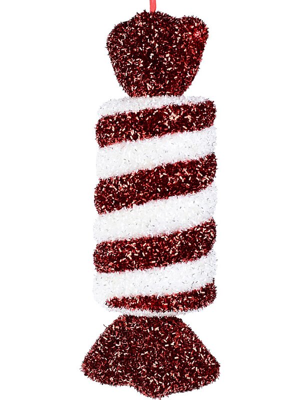 Red & White Swirl Christmas Wrapped Lolly Tinsel Plaque Ornament | 34cm