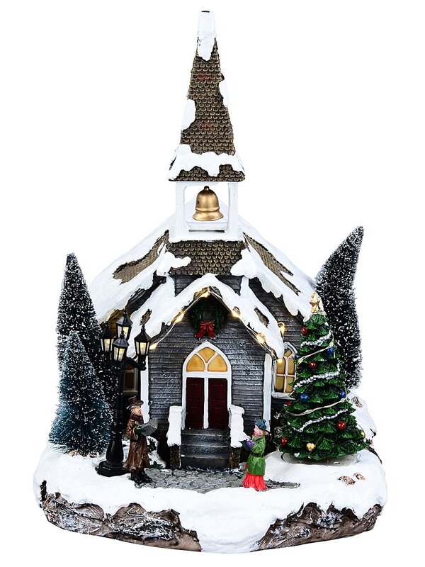 35cm Winter Church LED Christmas Village Scene With Animated Bell & Tree