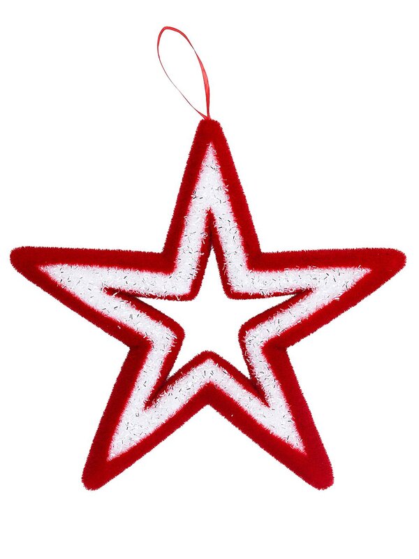 Red & White Flocked Christmas Hollow Star Tinsel Plaque Ornament | 37cm