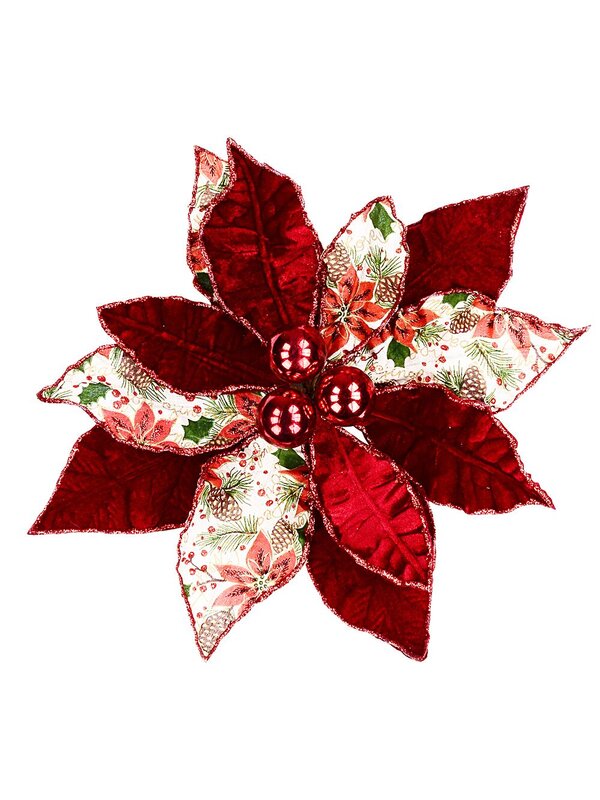 38cm Red & Foliage Print Fabric Poinsettia Flower Christmas Tree Clip Pick