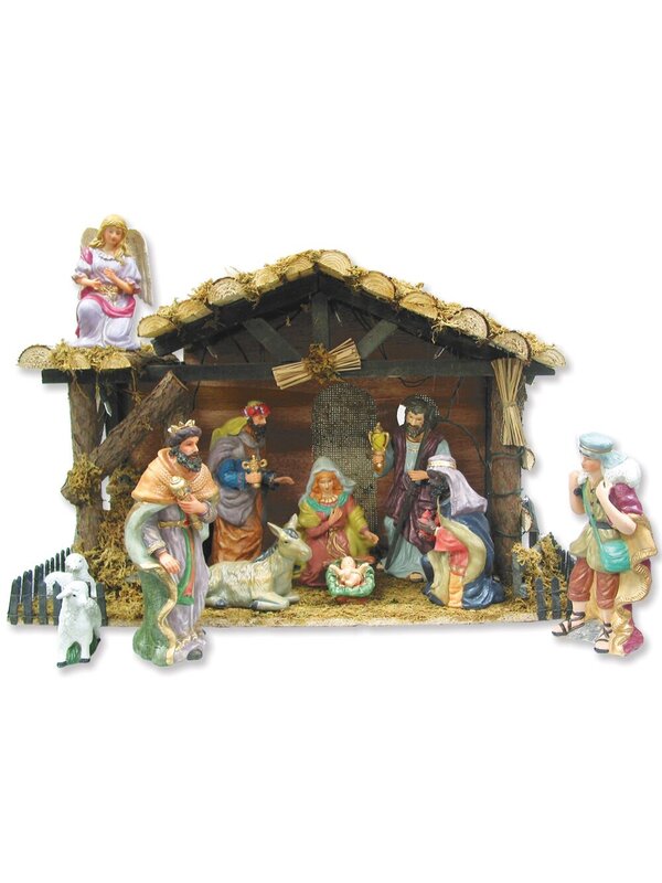 3D Set With Real Wooden Stable & 11 Porcelain Figurines Nativity Scenes - 59cm