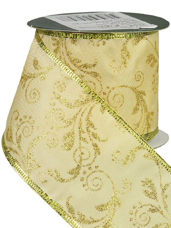 3m Champagne Satin Wide Cut Ribbon With Gold Floral Pattern