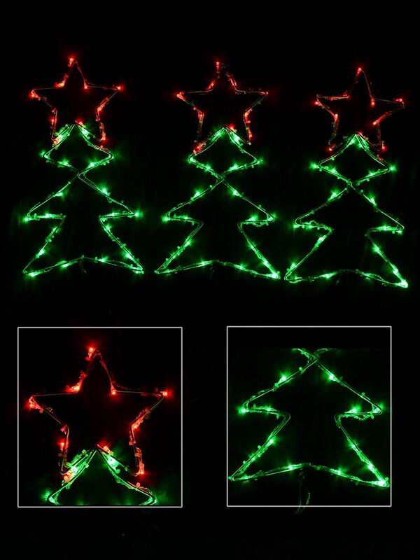 3x Christmas Trees & Stars With Red & Green String LED 2.5m Light Display