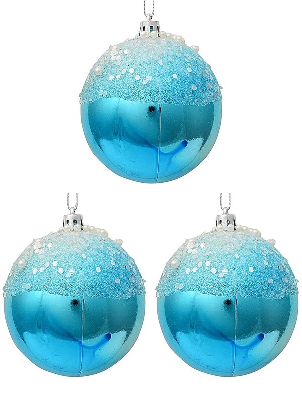 3x Opulent Blue Statement Frosted Sequin & Pearl Baubles | 80mm