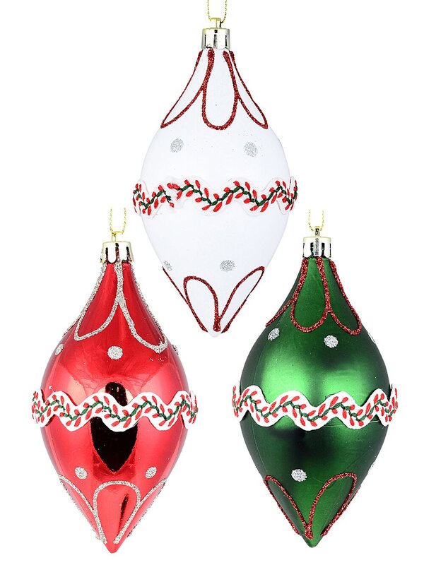 3x Red Green & White Whimsical Signature Lace Pattern Finial Drops | 13cm