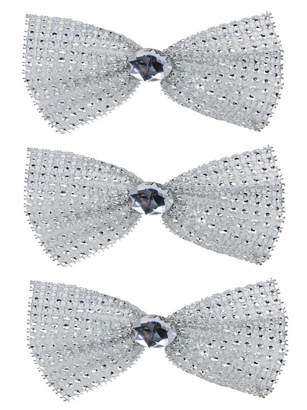 3x Silver Mesh Bowties With Diamante Christmas Tree Clip Ornaments | 11cm