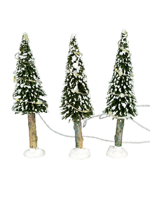 3x Snow Flocked LED Pine Trees Village Scenery | 14cm