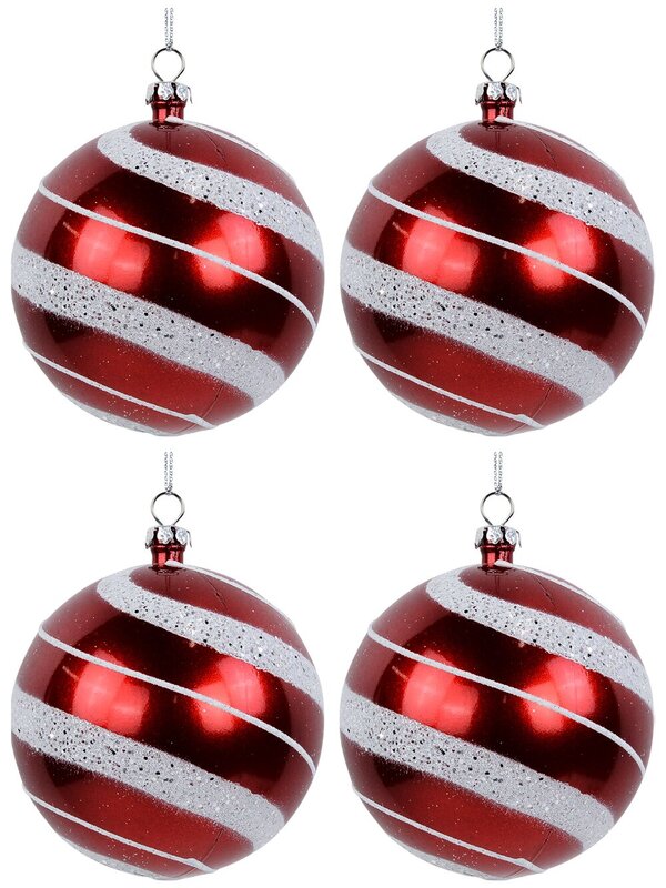 4 x 80mm Candy Apple Red Baubles With Silver Glitter White Swirl Pattern