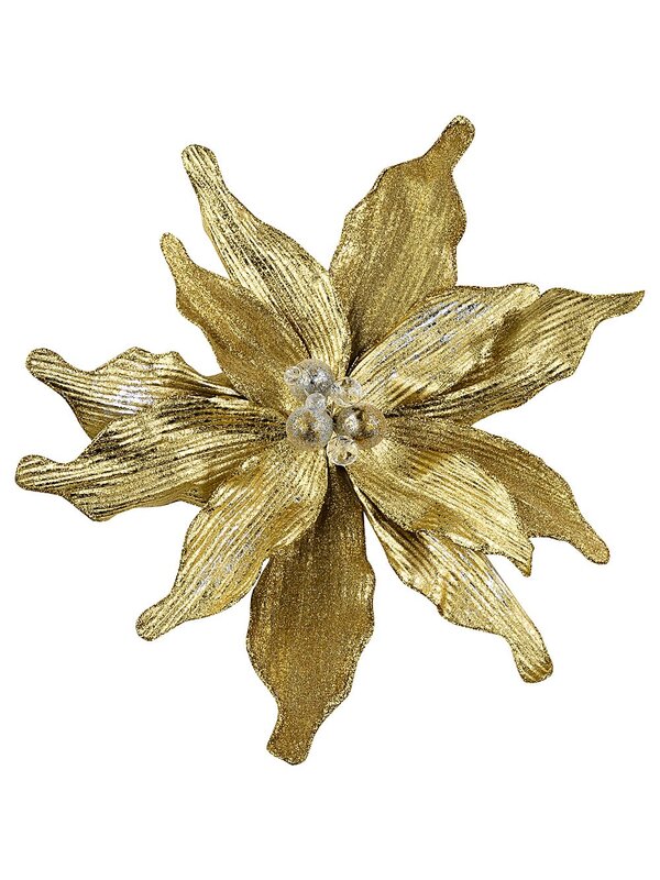 Large Gold Textured & Frosted Poinsettia Flower Christmas Tree Clip Pick | 40cm