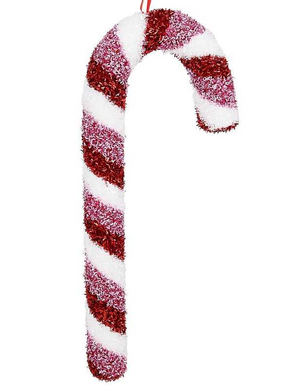 Red White & Pink Swirl Christmas Candy Cane Tinsel Plaque Ornament | 40cm