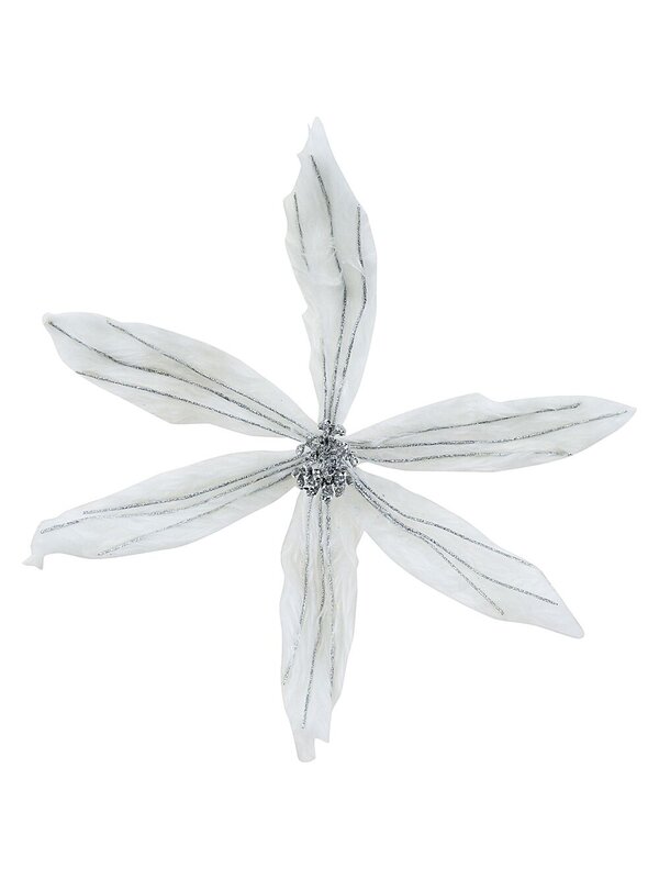 White Faux Fur & Silver Glitter Poinsettia Christmas Tree Clip Pick | 40cm