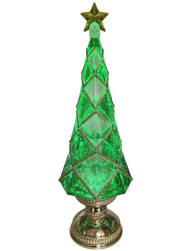 41cm Green Stained PVC Christmas Tree With Gold Trim Snow Globe Ornament