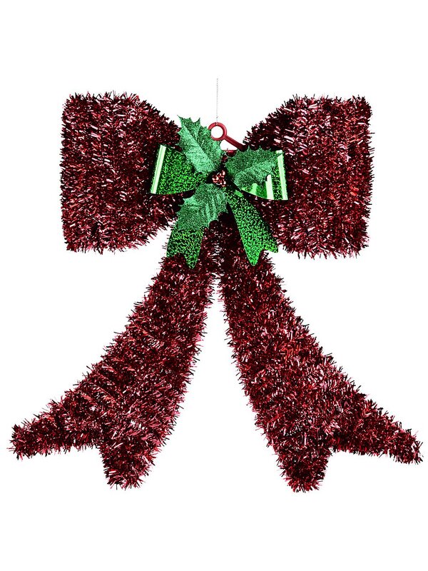 Red & Green Bow With Holly Christmas Tinsel Plaque Ornament | 43cm