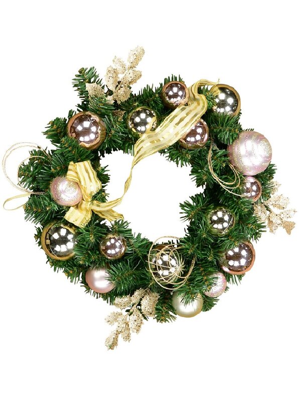 45cm Champagne & Pink Bauble, Holly Leaf & Whisker Loops Fir Wreath