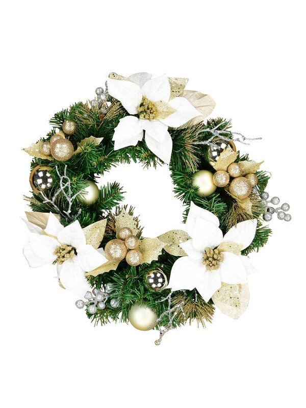 45cm Christmas Wreath With White Poinsettia, Mistletoe, Berries & Gold Baubles