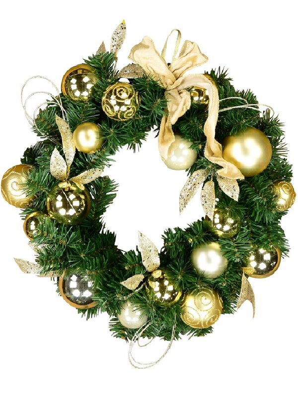 45cm Decorated Gold & Champagne Bauble, Leaf Stem & Bow Fir Wreath