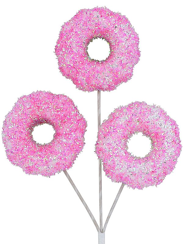 Pink Tinsel Doughnuts With Iridescent Sequins Long Christmas Stem | 46cm