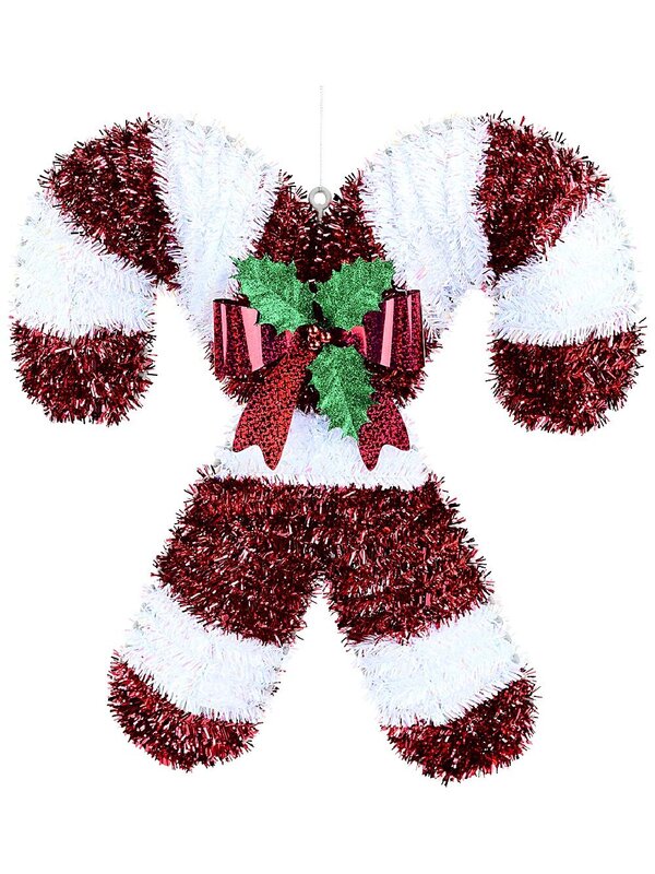Red & Iridescent White Stripe Crossing Candy Canes Tinsel Plaque | 47cm