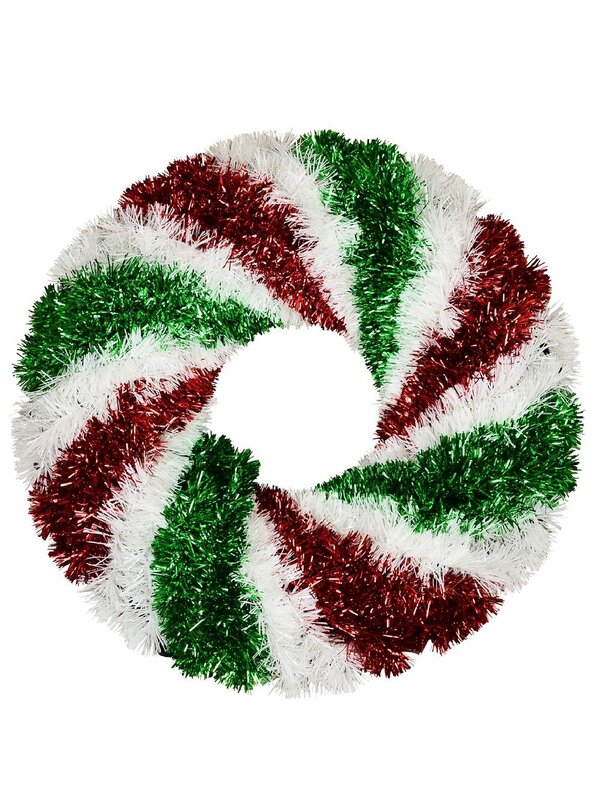 48cm Red Green & White Candy Swirl Wreath Tinsel Plaque Ornament