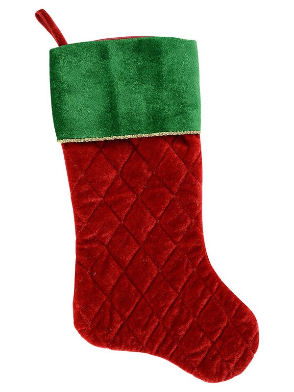 48cm Red Quilted Velvet Christmas Stocking With Green Cuff & Gold Cording