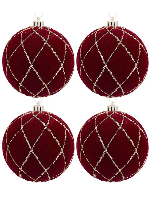 4x 10cm Burgundy Velvet Baubles With Diamond Pattern Gold Sequin Lines