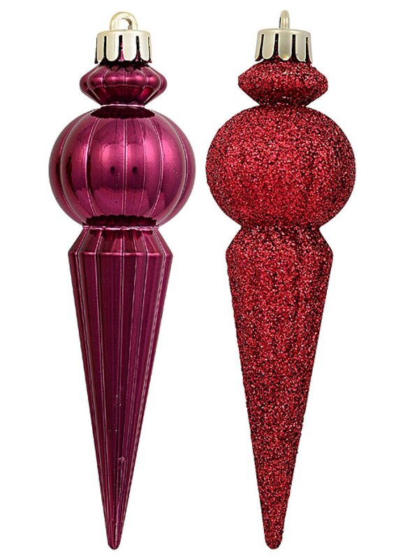 4x 15cm Shiny Burgundy & Red Glitter Christmas Finial Icicles