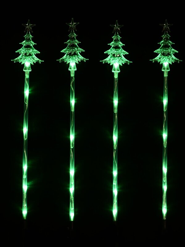 4x 57cm Green LED Christmas Trees & Stars On Poles Garden Path Light Set