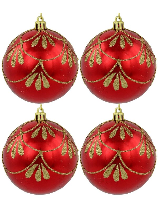 4x 80mm Metallic Red Christmas Baubles With Gold Glitter Ornate Design