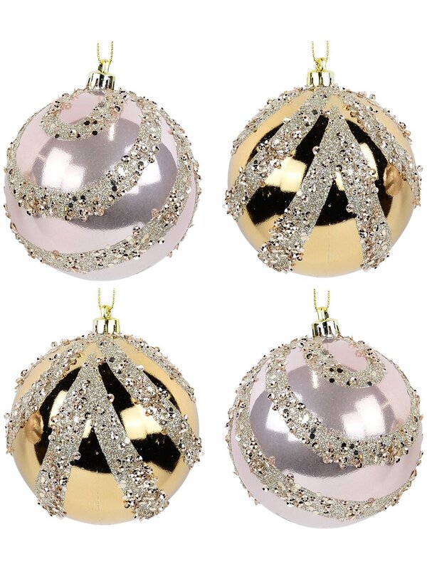 4x 80mm Pink & Gold Baubles With Sequin & Glitter Ribbon Bow Pattern