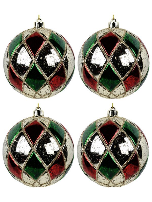 4x Dynamic Red Green & Gold Signature Geometric Glitter Ball Bauble | 10cm