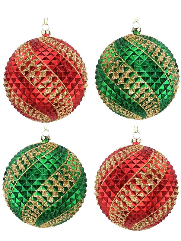 4x Dynamic Red & Green Signature Durian Gold Swirl Baubles | 10cm