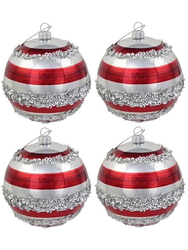 4x Dynamic Red & Silver Statement Striped Sequin Baubles | 80mm