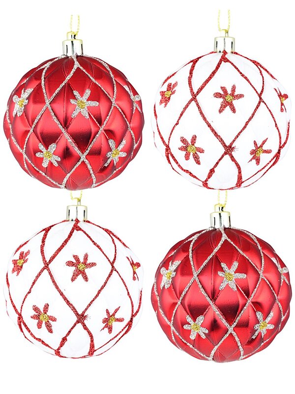 4x Dynamic Red & White Statement Diamond Glitter Baubles | 80mm