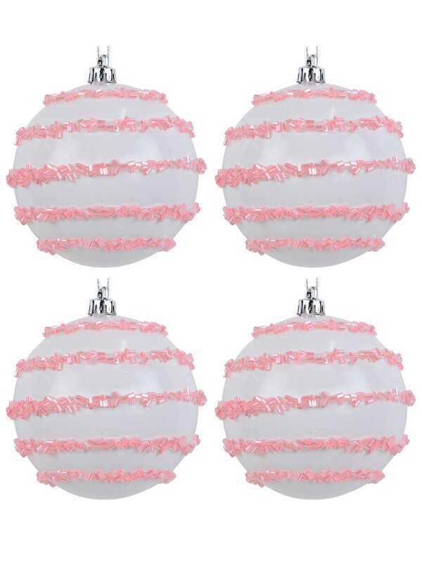 4x Dynamic White & Pink Statement Beaded Stripe Baubles | 80mm
