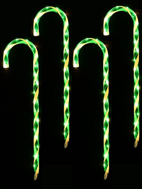 4x LED Christmas Candy Cane Path Lights - Green & White Garden Stakes | 80cm