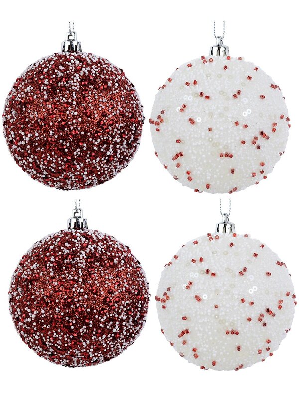 4x Lustrous Red & White Statement Sequin & Beaded Baubles | 80mm