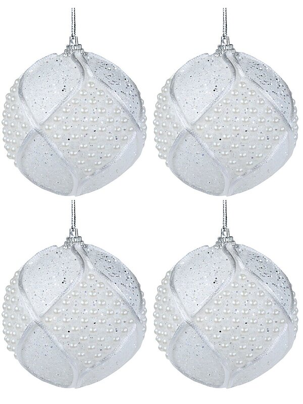 4x Opulent White & Silver Statement Pearl Bead Geometric Baubles | 80mm