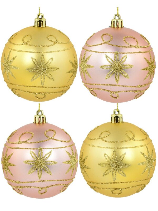 4x Timeless Pink & Gold Statement Glitter Star & Swirl Ball Bauble | 80mm