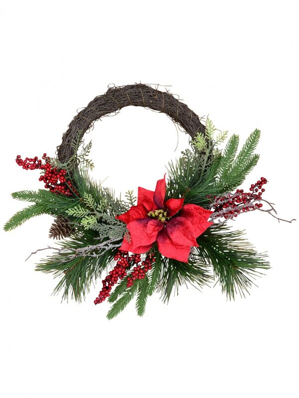 50cm Decorated Wire Spun Mixed Pine Wreath With Poinsettia, Berries & Foliage