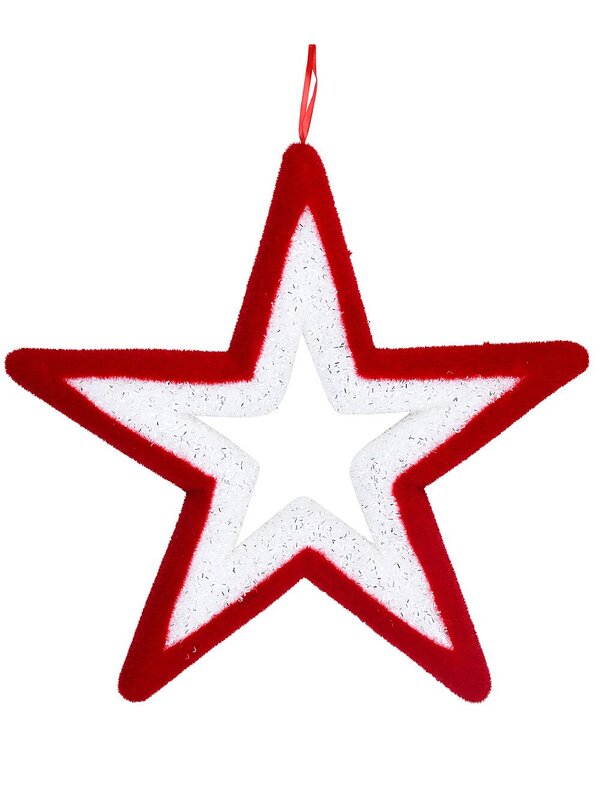 Red & White Flocked Large Hollow Star Tinsel Plaque Ornament | 50cm