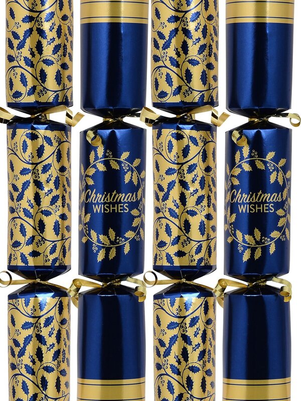 50x Blue & Gold Christmas Wishes Vine & Wreath Bon Bons (Crackers) | 30cm