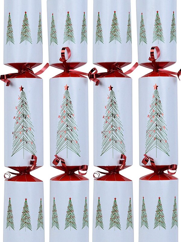 50x Green Trees With Red Stars On White Christmas Bon Bons (Crackers) | 30cm