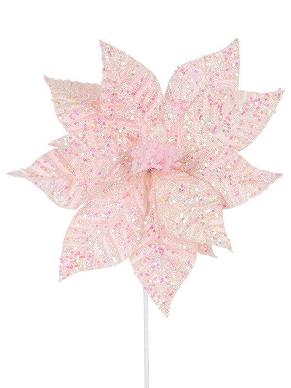 Fairy Floss Pink Poinsettia With Iridescent Sequins Long Christmas Stem | 55cm
