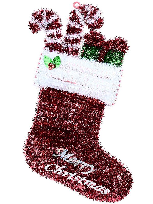 Red & White Stocking With Candy Canes & Gift Tinsel Plaque Ornament | 55cm