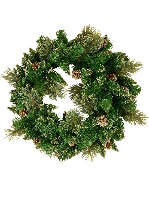 56cm Balsam Fir & Pine Wreath With 132 Gold Glittered Tips & Pine Cones