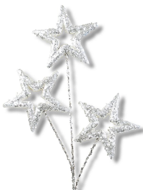 White Stars With Silver Glitter Spray Long Christmas Stem | 57cm