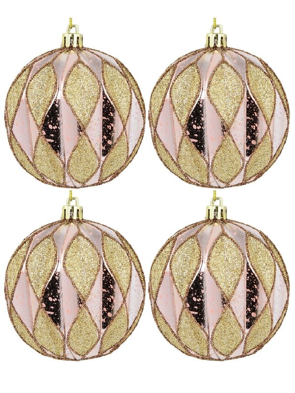 6 x 60cm Light Pink Christmas Baubles With Gold Geometric Textured Pattern