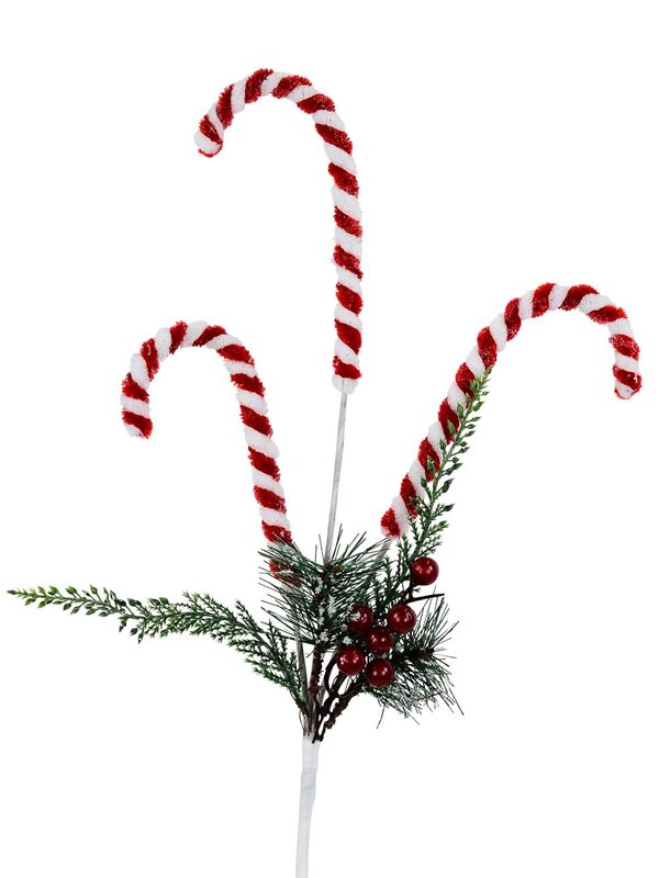 Candy Canes Berries & Foliage Spray Long Christmas Stem | 62cm